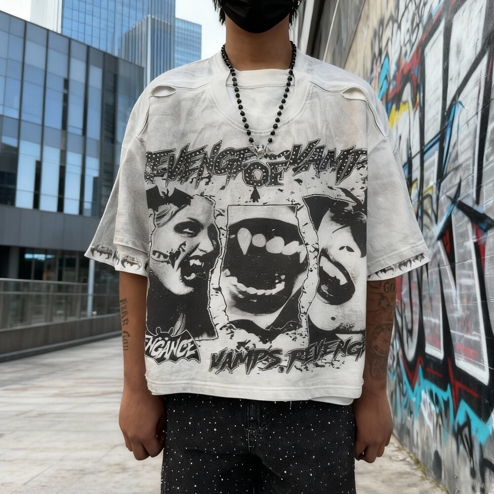 230g/m ³ custom-made men's short-sleeved T-shirt with a vintage rhinestone print pattern made of knitted polyester-cotton blend, suitable for summer and spring