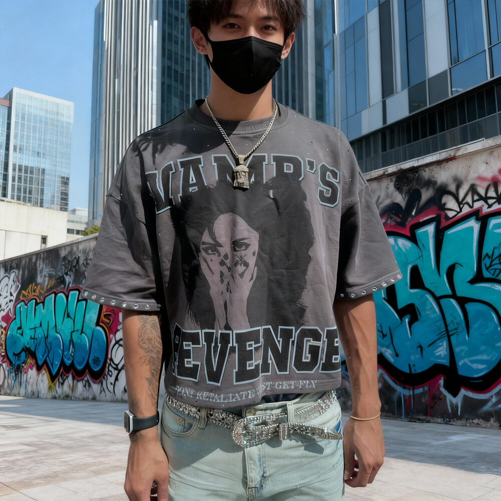 320 Gsm cotton knitted Gothic street style grey T-shirt, custom-made in bulk with rhindiamond and retro print, regular fit, high quality for men