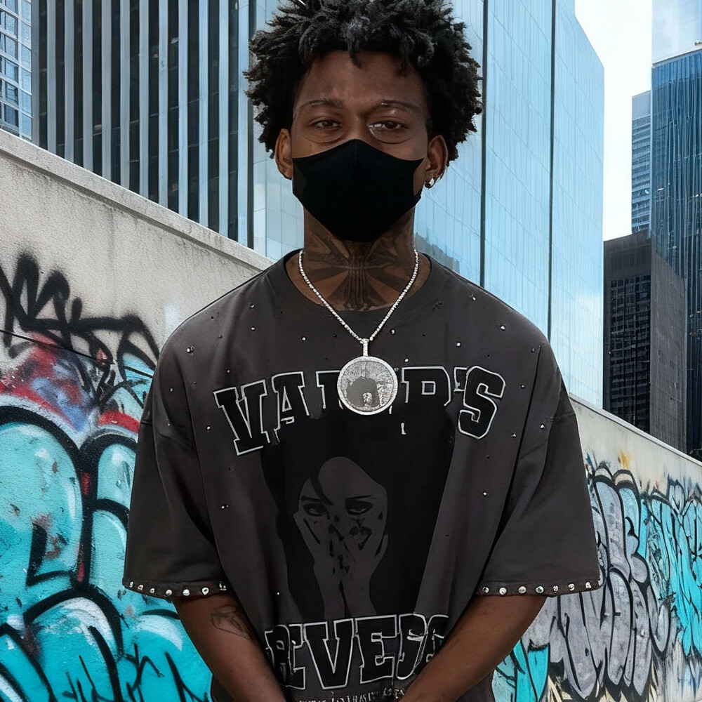 320 Gsm cotton knitted Gothic street style grey T-shirt, custom-made in bulk with rhindiamond and retro print, regular fit, high quality for men