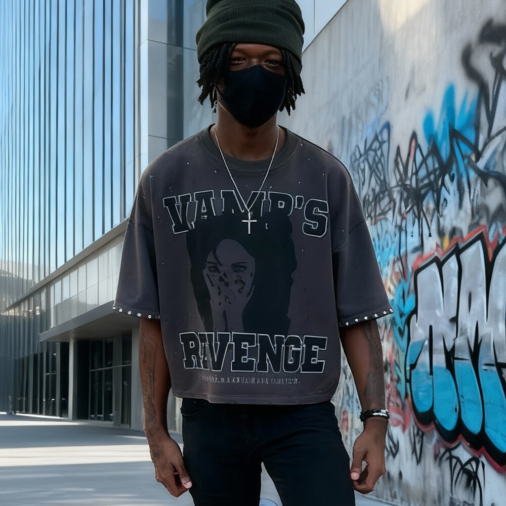 320 Gsm cotton knitted Gothic street style grey T-shirt, custom-made in bulk with rhindiamond and retro print, regular fit, high quality for men