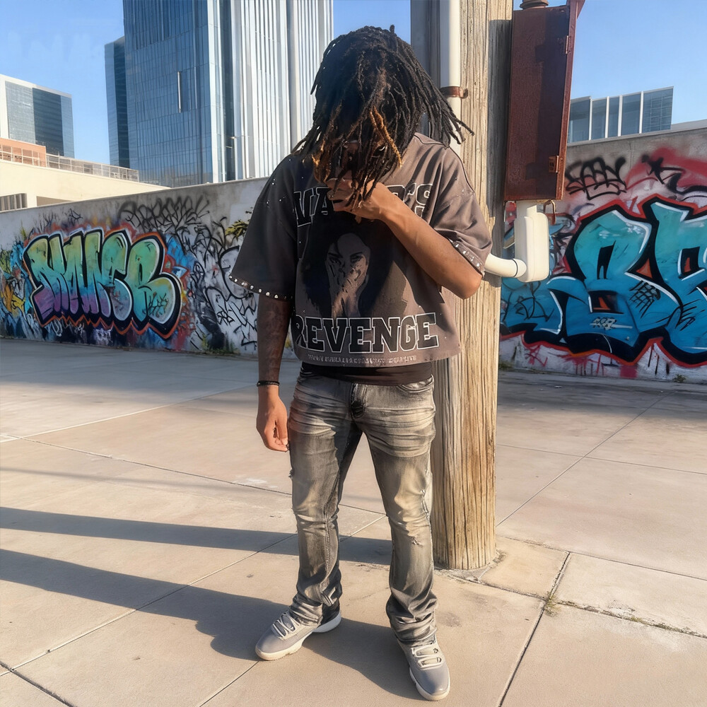 320 Gsm cotton knitted Gothic street style grey T-shirt, custom-made in bulk with rhindiamond and retro print, regular fit, high quality for men