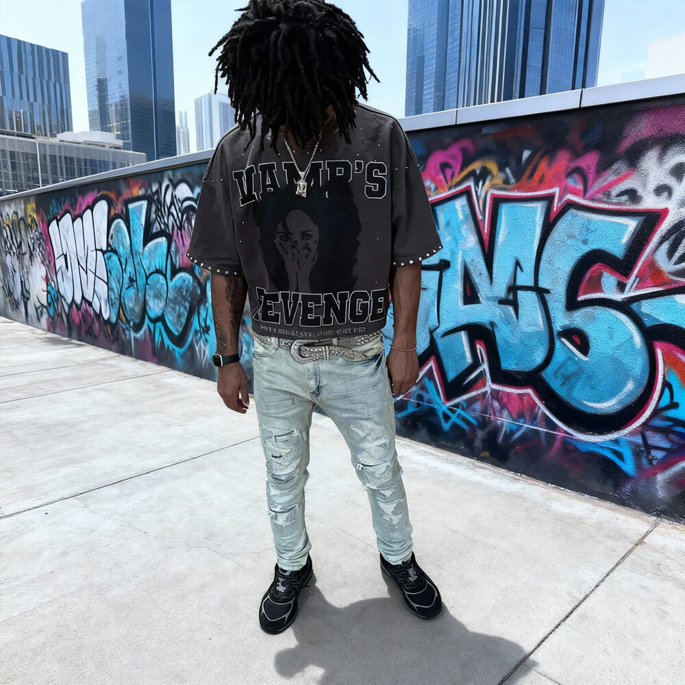 320 Gsm cotton knitted Gothic street style grey T-shirt, custom-made in bulk with rhindiamond and retro print, regular fit, high quality for men