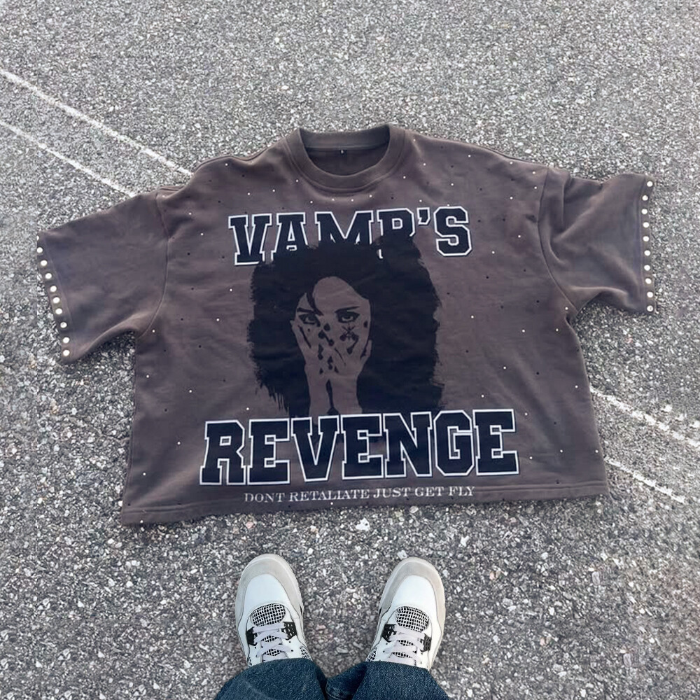 320 Gsm cotton knitted Gothic street style grey T-shirt, custom-made in bulk with rhindiamond and retro print, regular fit, high quality for men