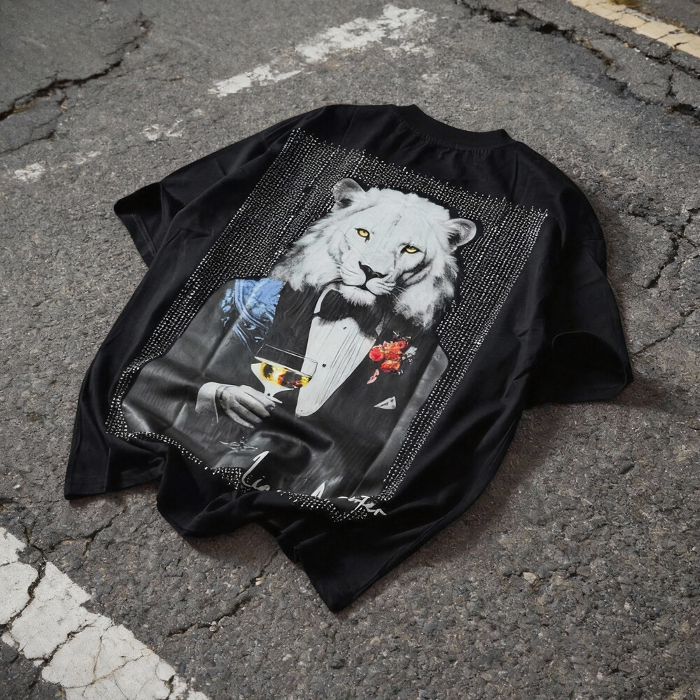 600 Gsm knitted off-the-shoulder regular style T-shirt custom water diamond screen-printed animal pattern men's streetwear