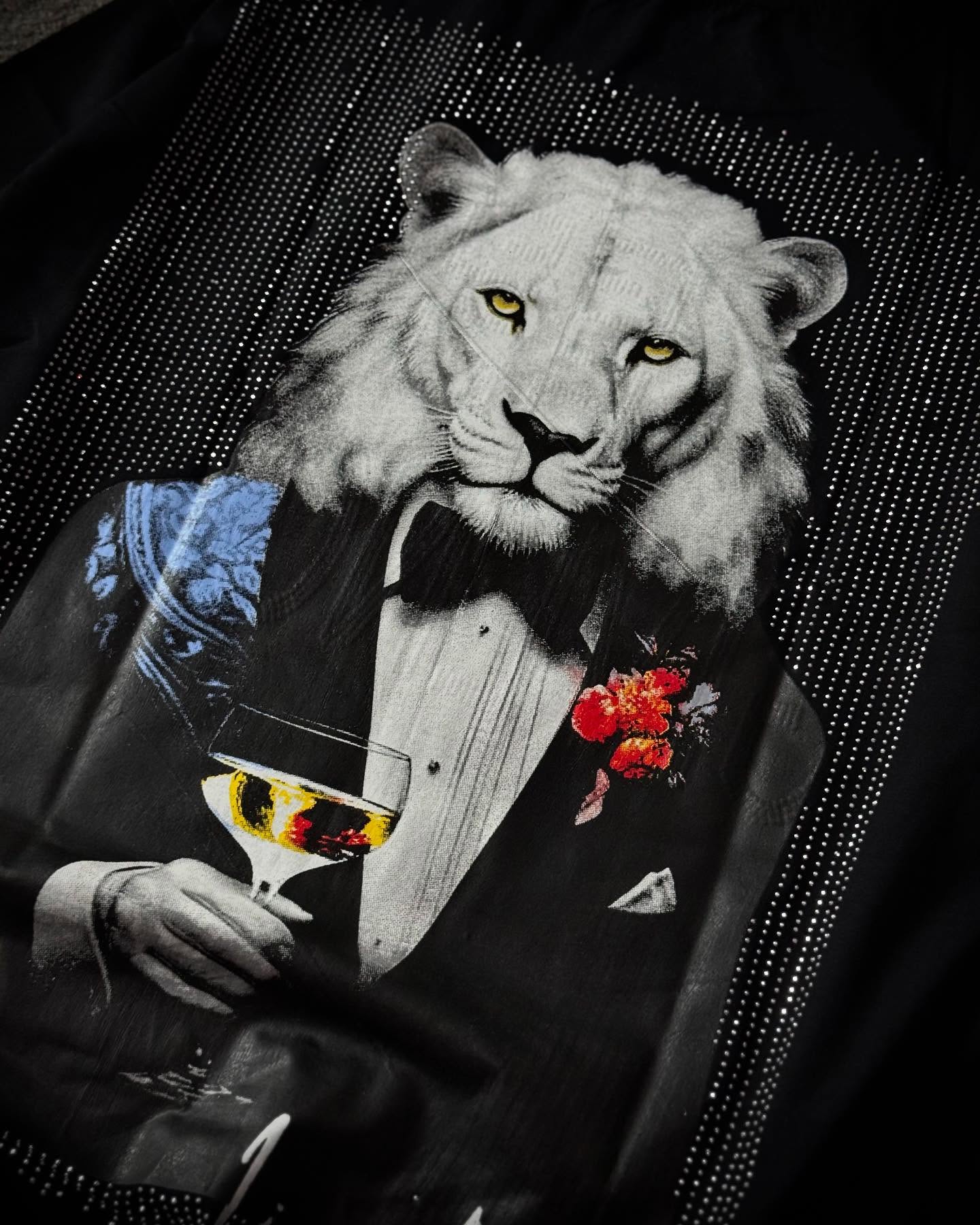 600 Gsm knitted off-the-shoulder regular style T-shirt custom water diamond screen-printed animal pattern men's streetwear