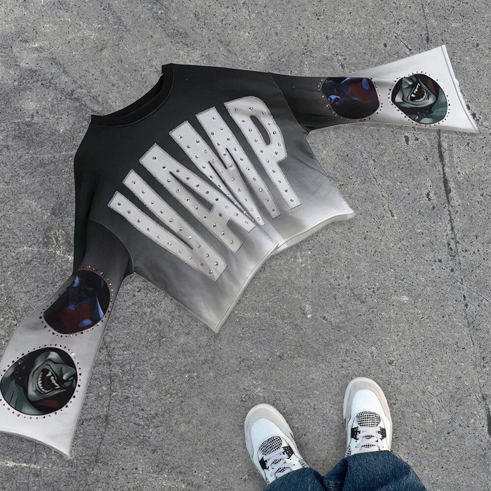 380 Gsm knitted polyester fiber custom streetwear, water diamond animal print clothing, retro regular style, men's round neck long sleeves