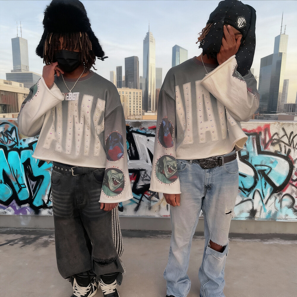 380 Gsm knitted polyester fiber custom streetwear, water diamond animal print clothing, retro regular style, men's round neck long sleeves