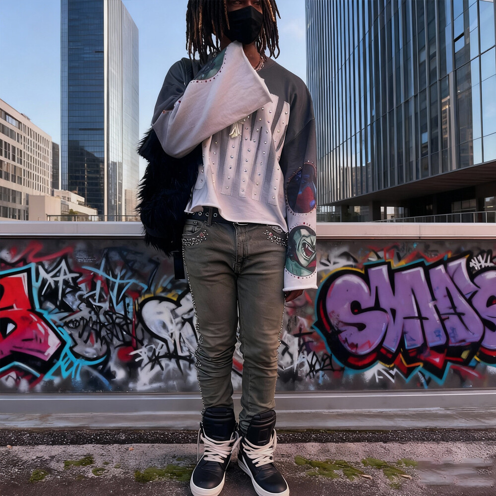 380 Gsm knitted polyester fiber custom streetwear, water diamond animal print clothing, retro regular style, men's round neck long sleeves