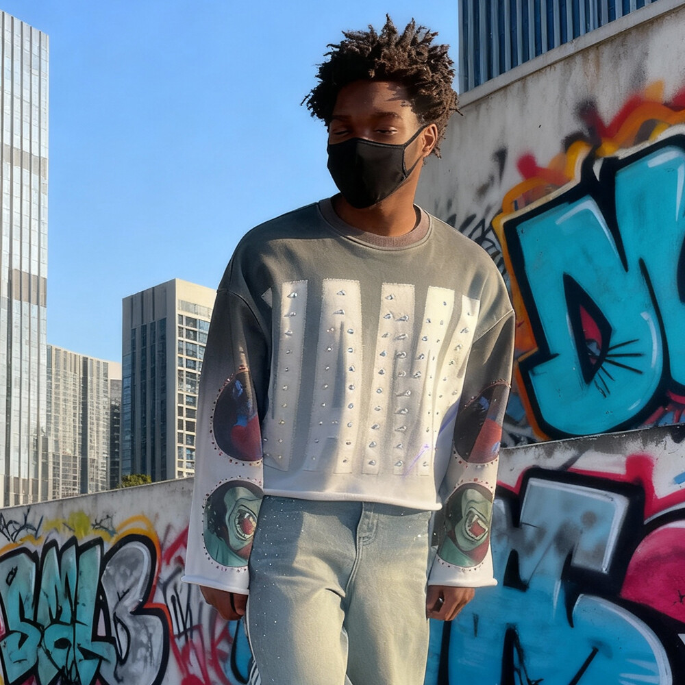 380 Gsm knitted polyester fiber custom streetwear, water diamond animal print clothing, retro regular style, men's round neck long sleeves