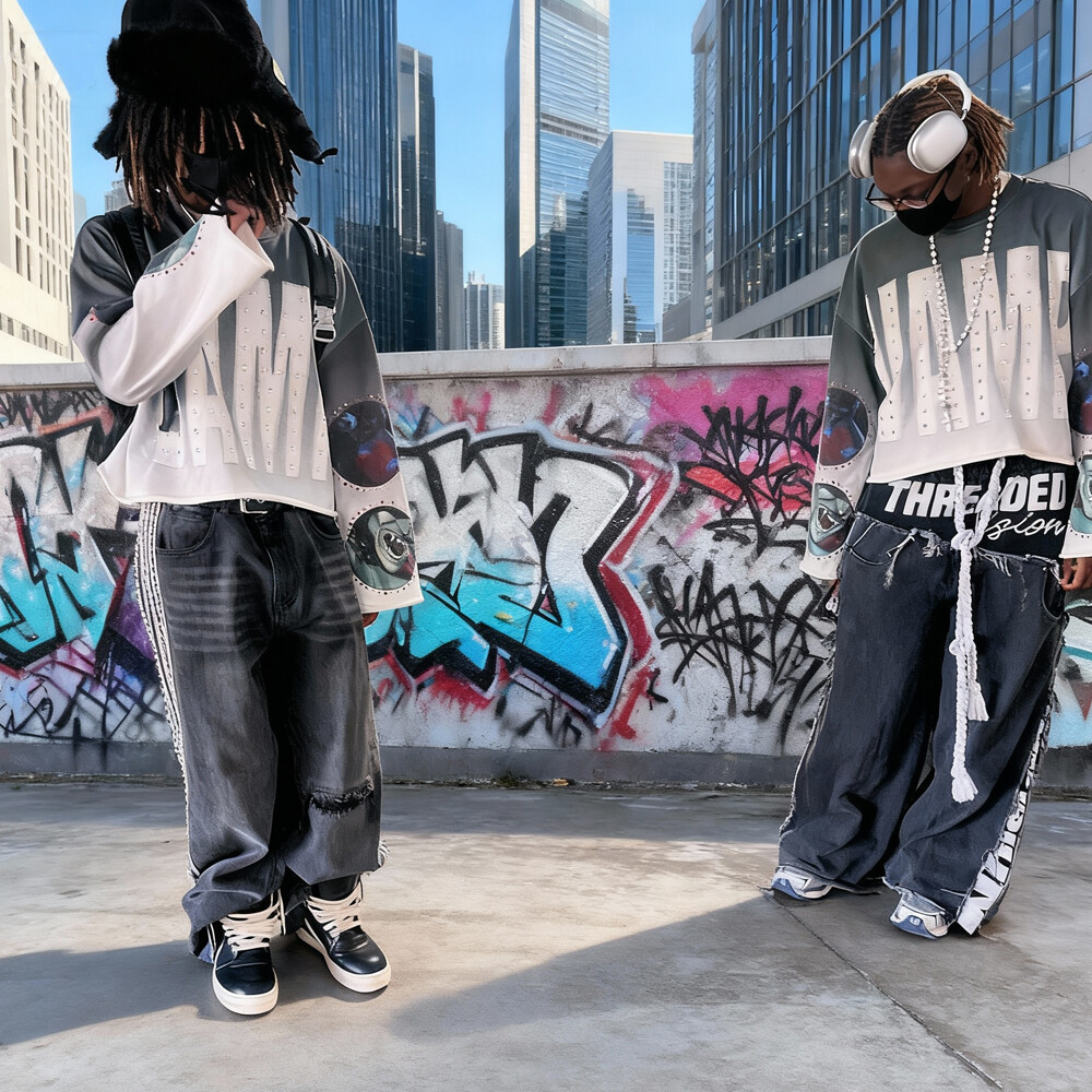 380 Gsm knitted polyester fiber custom streetwear, water diamond animal print clothing, retro regular style, men's round neck long sleeves