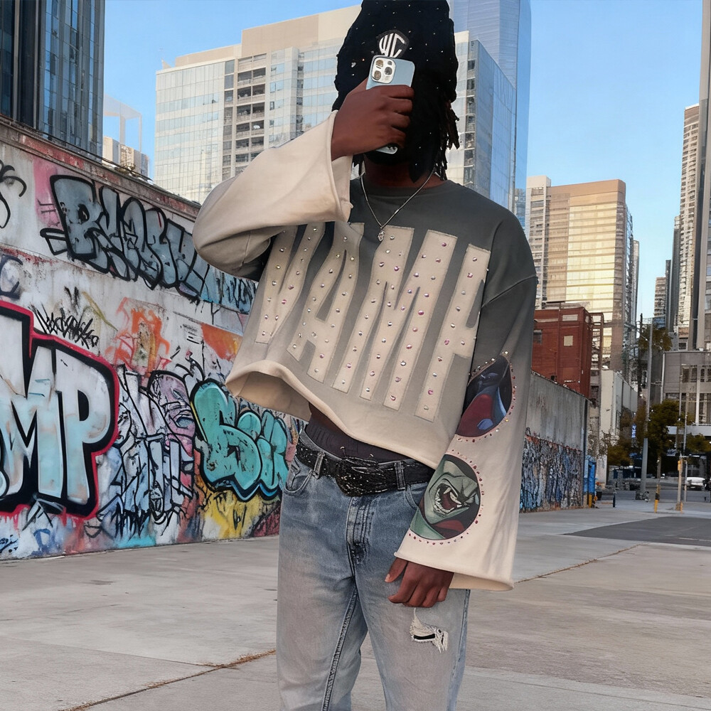 380 Gsm knitted polyester fiber custom streetwear, water diamond animal print clothing, retro regular style, men's round neck long sleeves