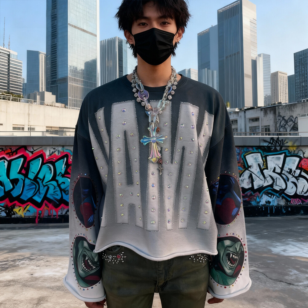 380 Gsm knitted polyester fiber custom streetwear, water diamond animal print clothing, retro regular style, men's round neck long sleeves