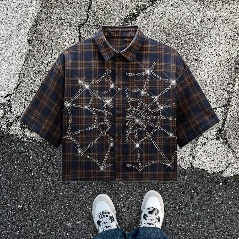 220g cotton-polyester blend fabric, breathable and casual, high-quality custom spider rhinocones V-neck loose short-sleeved, 1.1 buttons