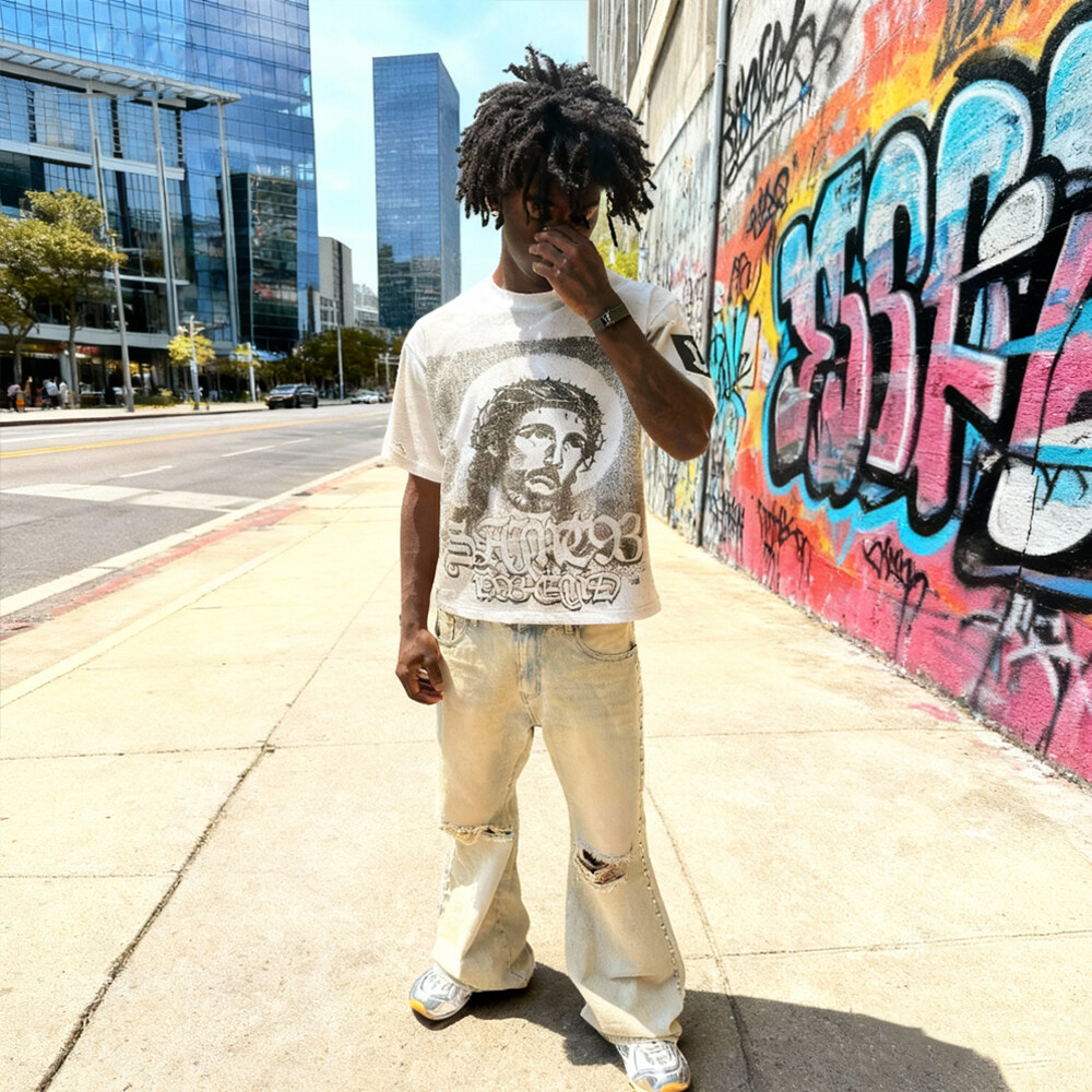 White T-shirt, knitted 100% polyester fiber, custom-made, regular style, digital printing pattern, streetwear, short-sleeved T-shirt, high-quality men's style