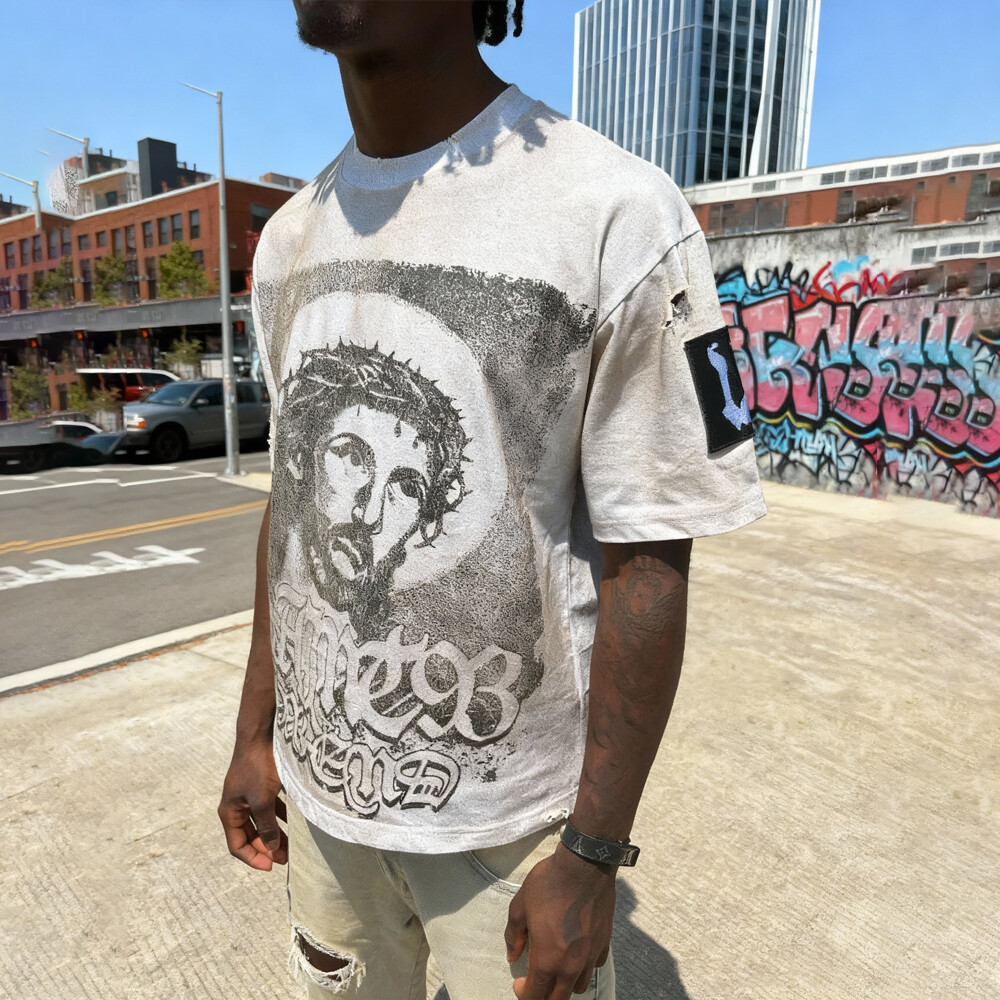 White T-shirt, knitted 100% polyester fiber, custom-made, regular style, digital printing pattern, streetwear, short-sleeved T-shirt, high-quality men's style