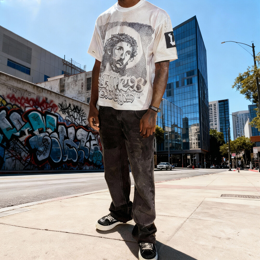 White T-shirt, knitted 100% polyester fiber, custom-made, regular style, digital printing pattern, streetwear, short-sleeved T-shirt, high-quality men's style