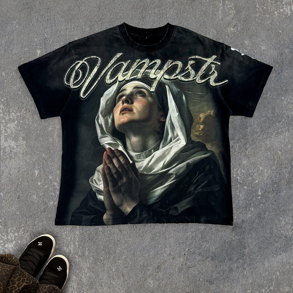 100% cotton embossed custom printed figure pattern knitted fabric men's streetwear retro T-shirt manufacturer