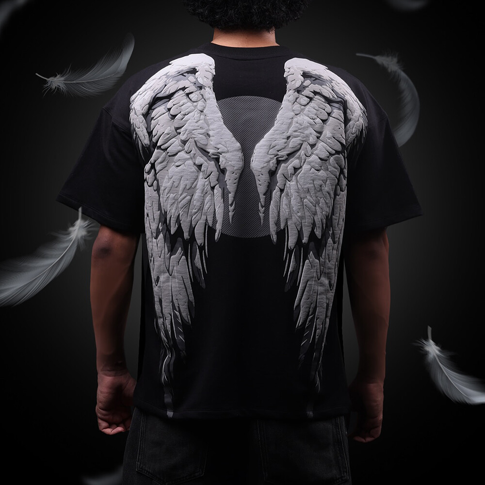 Custom-made white Angel Wings short-sleeved streetwear T-shirt made of high-quality cotton-polyester blend fabric in a regular style