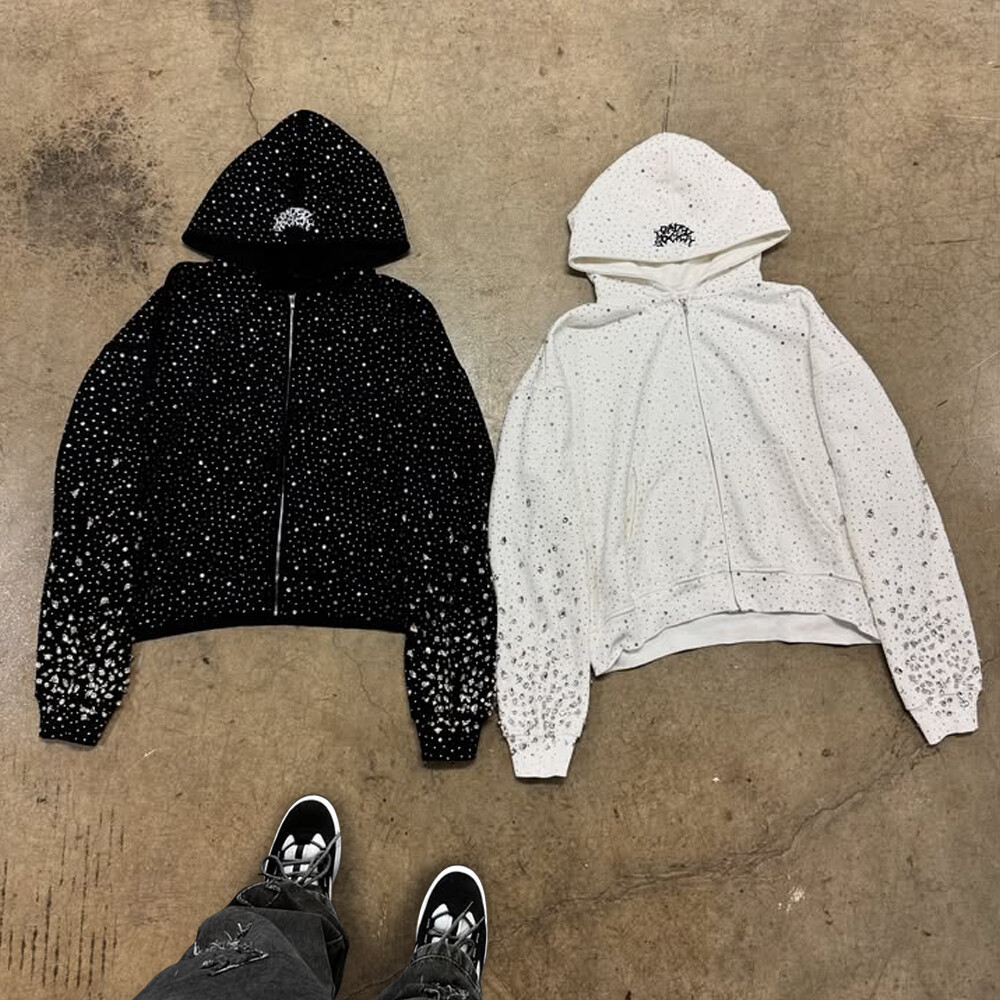 High-quality custom zipper hoodie, form-fitting black fashion, 100% cotton heat sublimation water diamond knitted sweatshirt for winter, men's street style