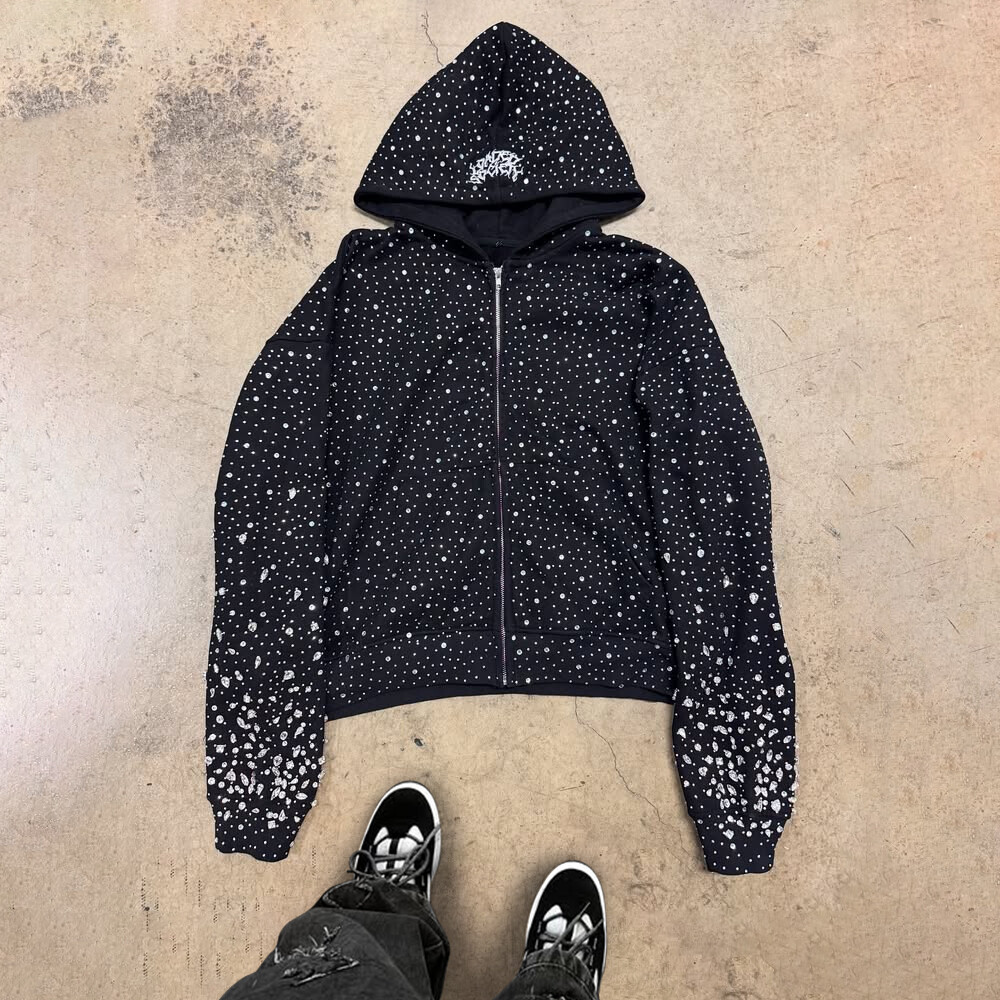 High-quality custom zipper hoodie, form-fitting black fashion, 100% cotton heat sublimation water diamond knitted sweatshirt for winter, men's street style