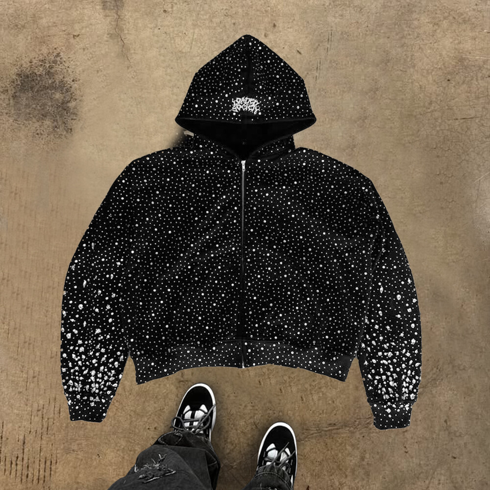 High-quality custom zipper hoodie, form-fitting black fashion, 100% cotton heat sublimation water diamond knitted sweatshirt for winter, men's street style
