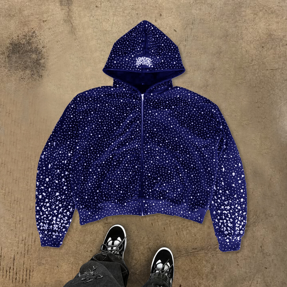 High-quality custom zipper hoodie, form-fitting black fashion, 100% cotton heat sublimation water diamond knitted sweatshirt for winter, men's street style