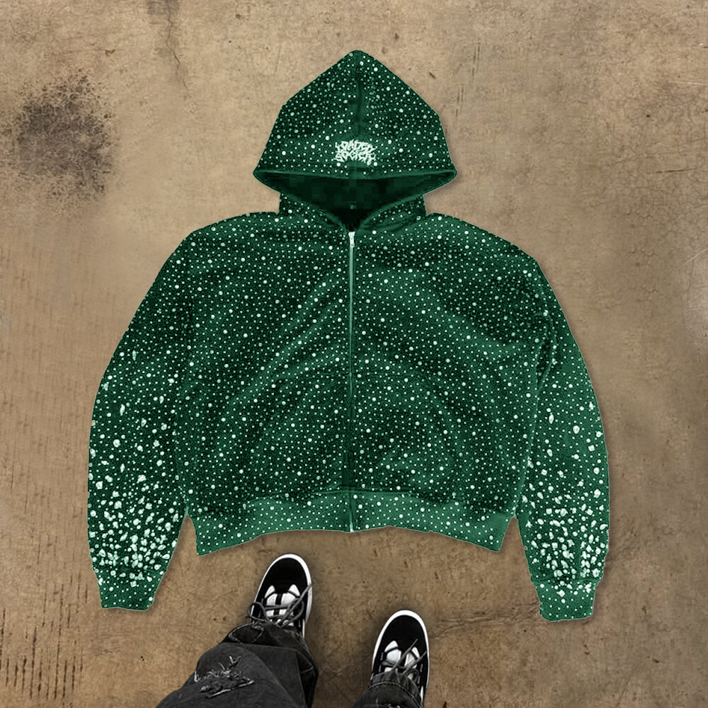 High-quality custom zipper hoodie, form-fitting black fashion, 100% cotton heat sublimation water diamond knitted sweatshirt for winter, men's street style