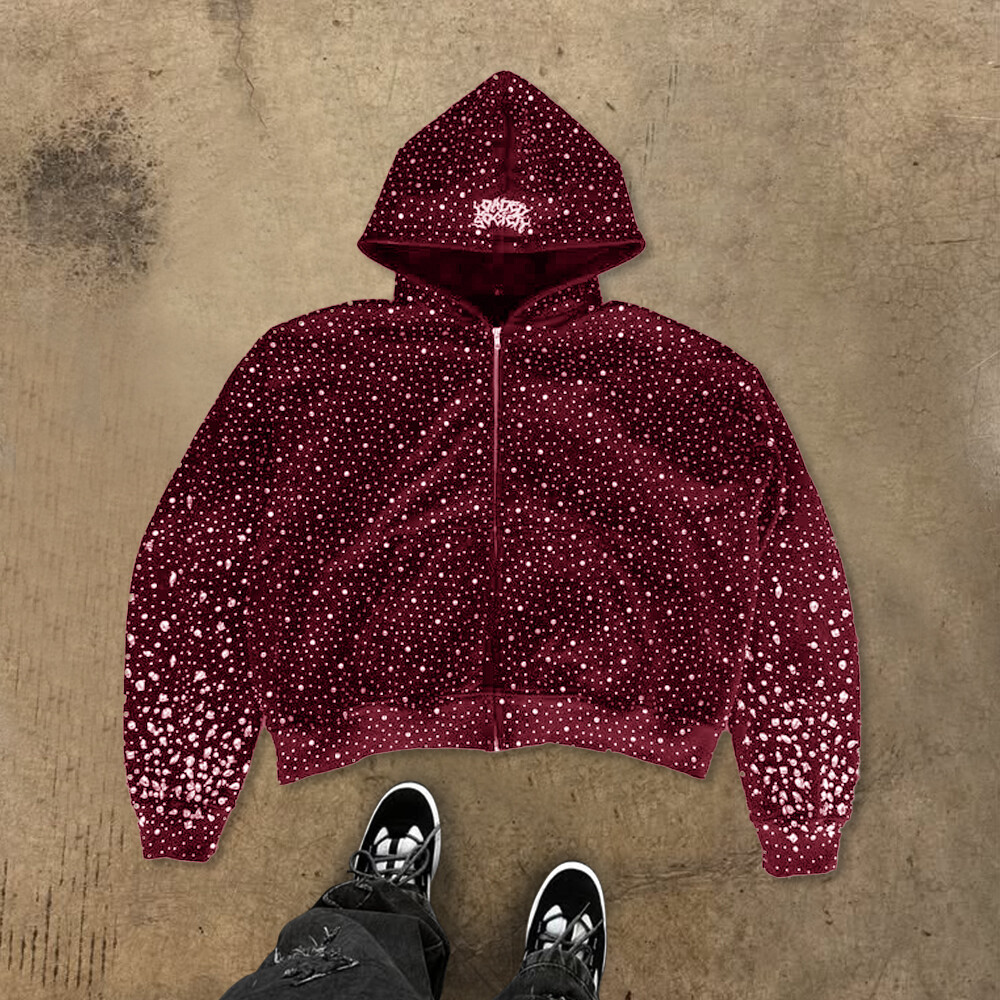 High-quality custom zipper hoodie, form-fitting black fashion, 100% cotton heat sublimation water diamond knitted sweatshirt for winter, men's street style