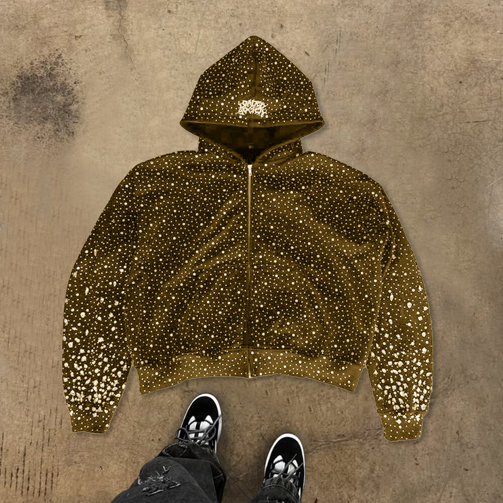 High-quality custom zipper hoodie, form-fitting black fashion, 100% cotton heat sublimation water diamond knitted sweatshirt for winter, men's street style