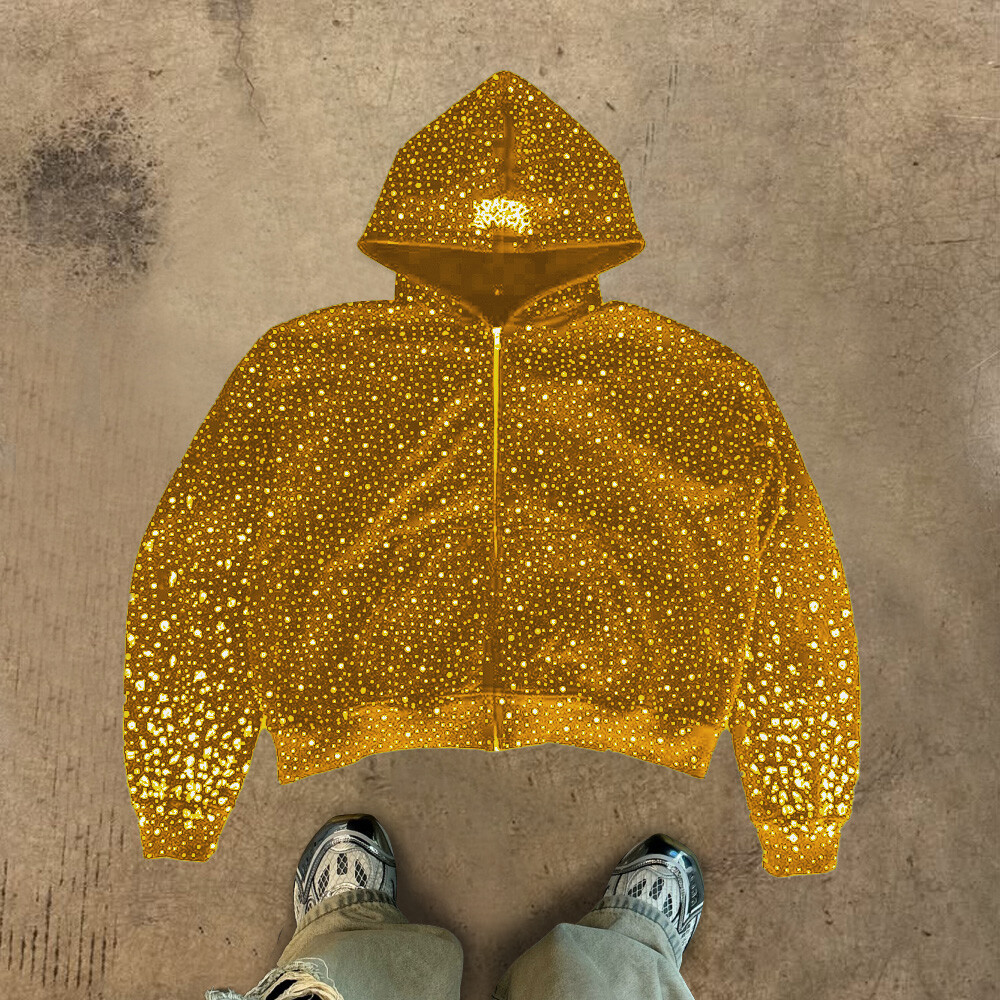 High-quality custom zipper hoodie, form-fitting black fashion, 100% cotton heat sublimation water diamond knitted sweatshirt for winter, men's street style