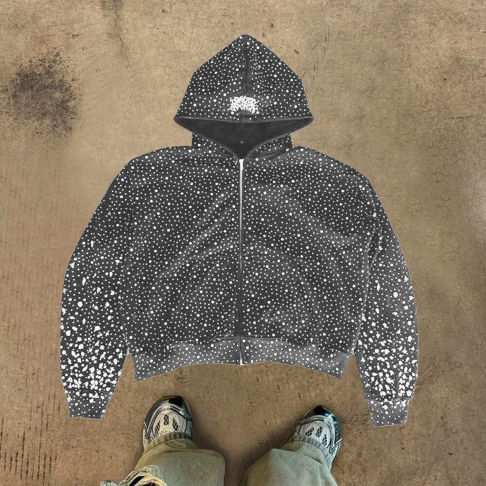 High-quality custom zipper hoodie, form-fitting black fashion, 100% cotton heat sublimation water diamond knitted sweatshirt for winter, men's street style