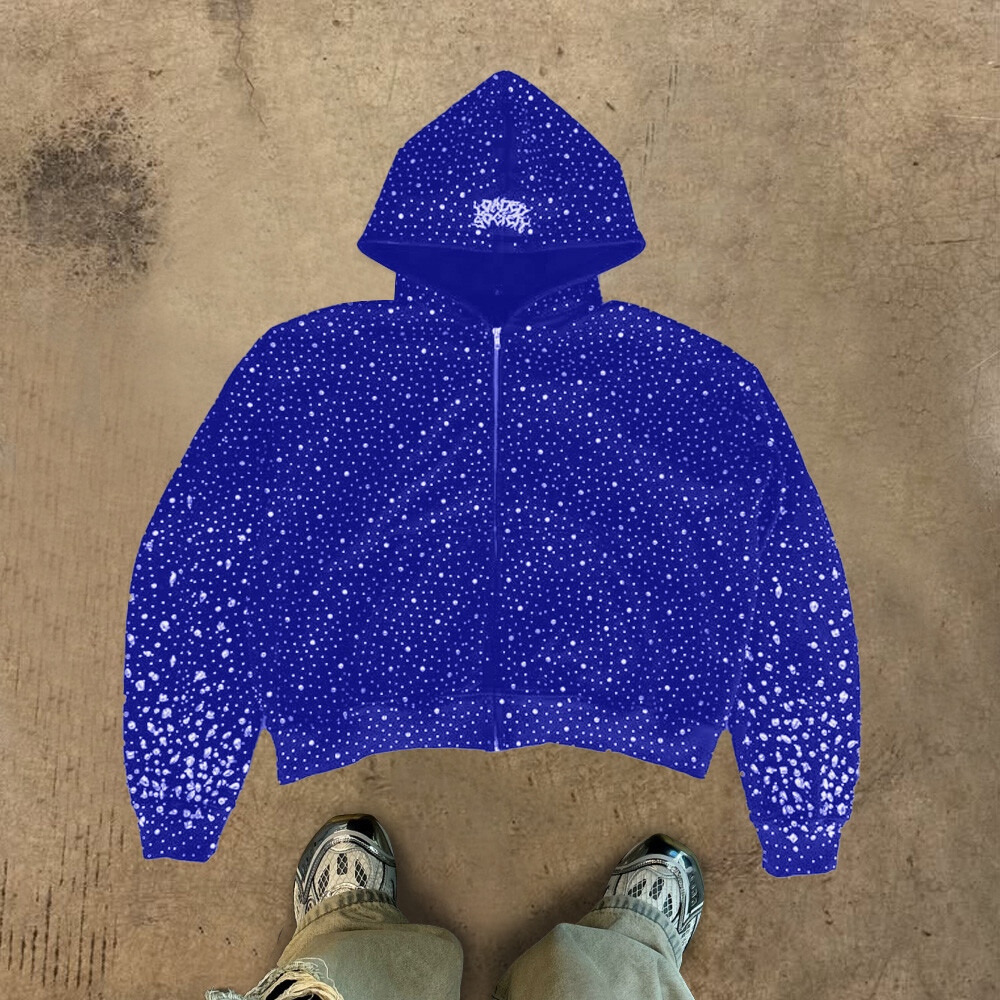 High-quality custom zipper hoodie, form-fitting black fashion, 100% cotton heat sublimation water diamond knitted sweatshirt for winter, men's street style