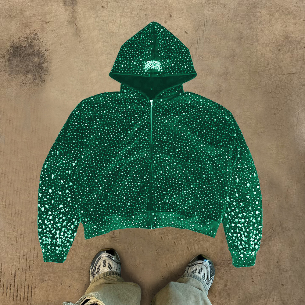 High-quality custom zipper hoodie, form-fitting black fashion, 100% cotton heat sublimation water diamond knitted sweatshirt for winter, men's street style