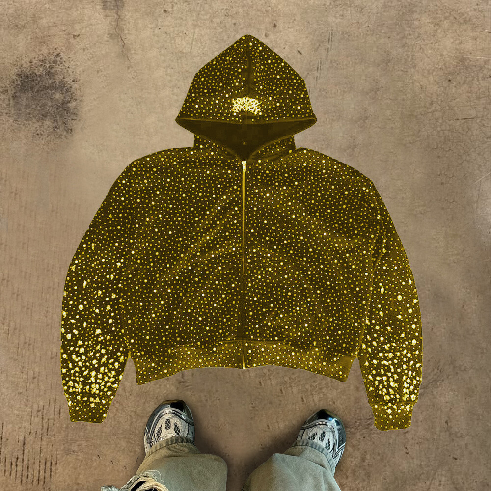 High-quality custom zipper hoodie, form-fitting black fashion, 100% cotton heat sublimation water diamond knitted sweatshirt for winter, men's street style