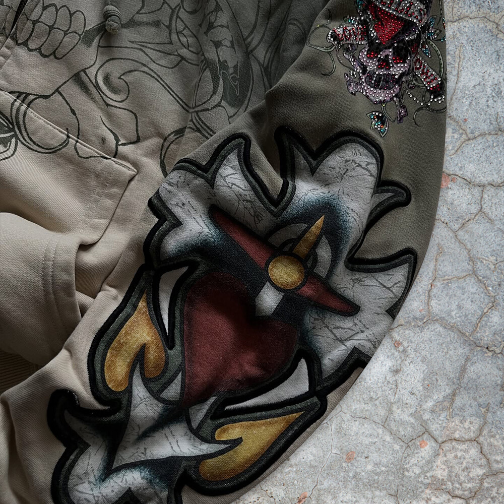 Custom-made retro street wear 3D embroidered rhinestone skull 100% cotton winter loose zipper hoodie for both men and women, high quality