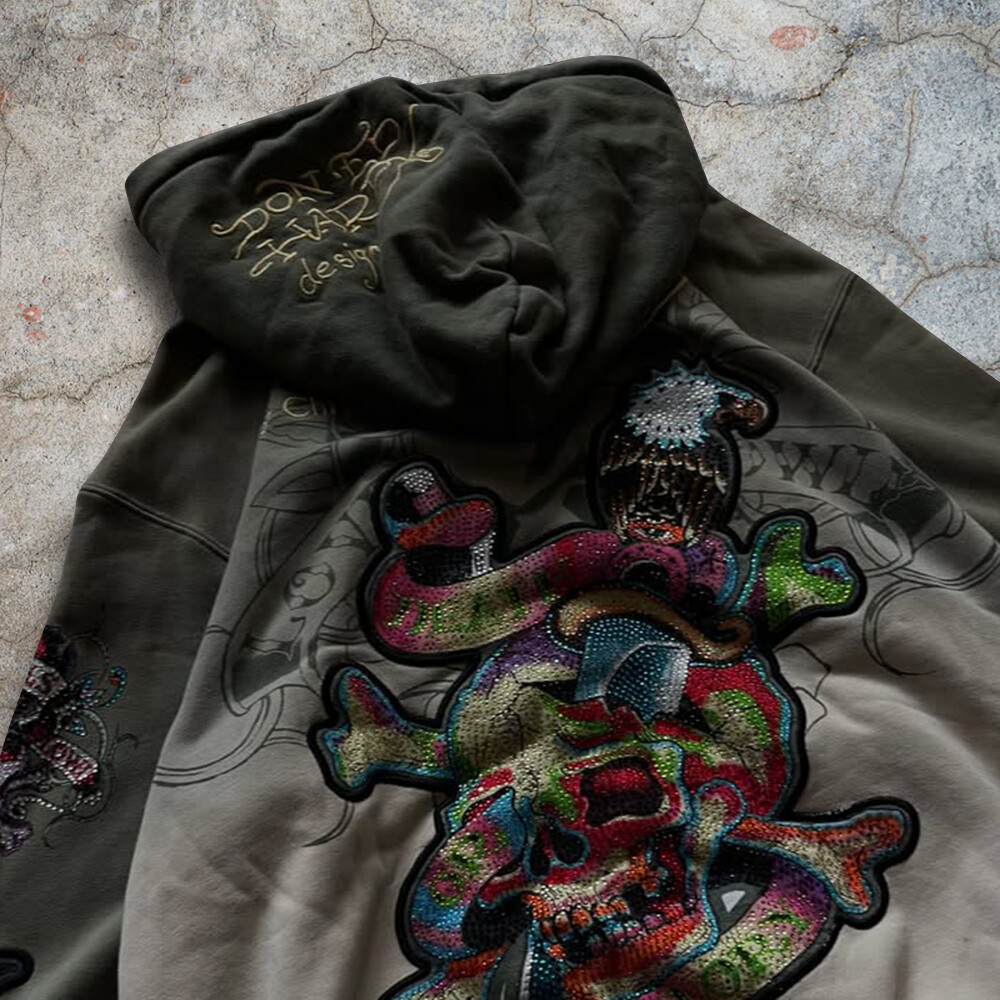 Custom-made retro street wear 3D embroidered rhinestone skull 100% cotton winter loose zipper hoodie for both men and women, high quality