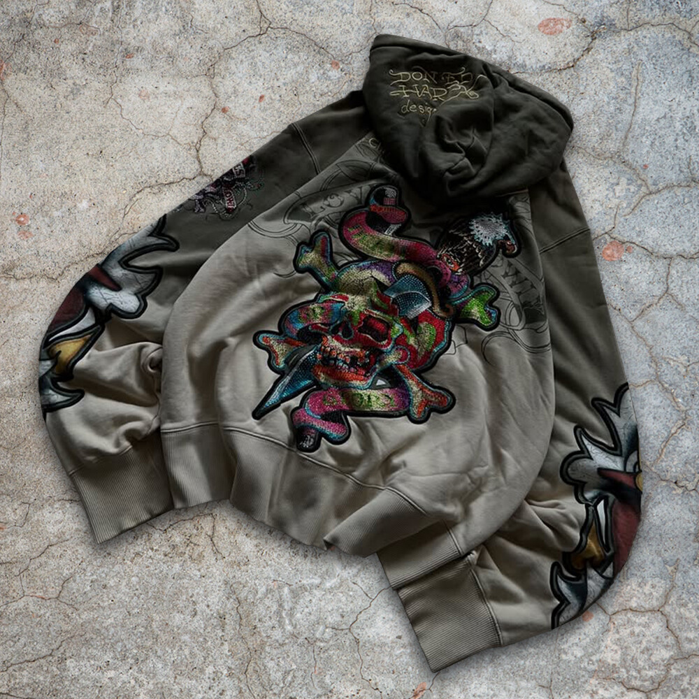 Custom-made retro street wear 3D embroidered rhinestone skull 100% cotton winter loose zipper hoodie for both men and women, high quality