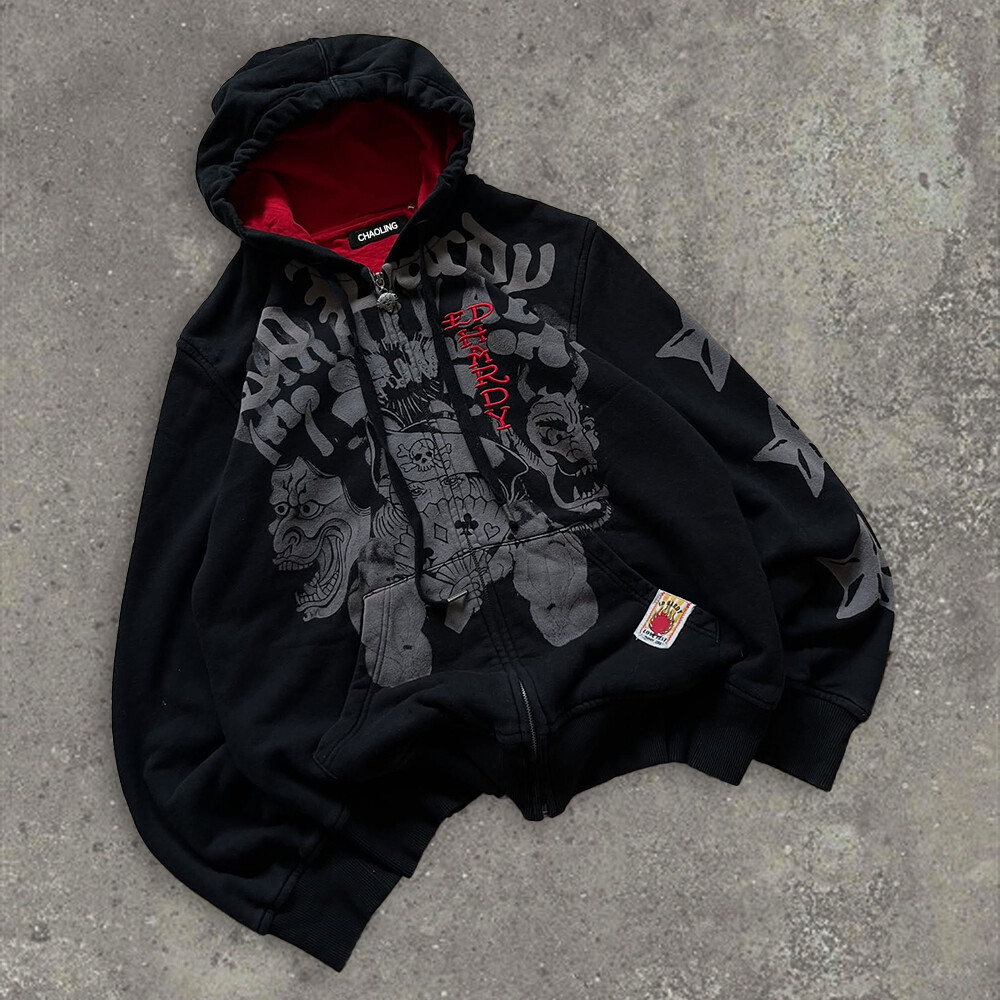 Winter silk-screen printed embroidered rhinestone sweatshirt custom 600gsm polyester fabric loose zipper hoodie unisex oversized logo