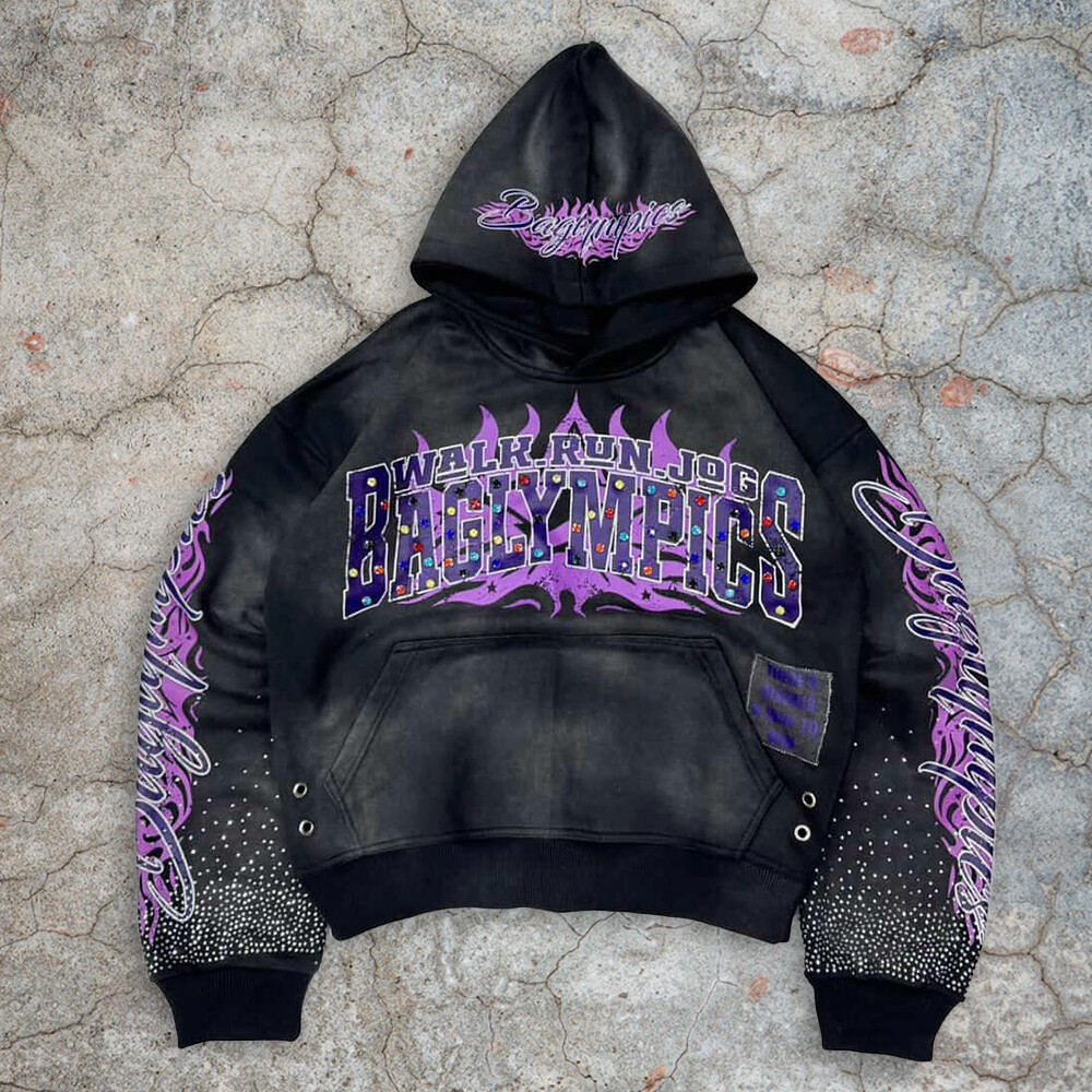 Wholesale 100% cotton oversized streetwear, custom-made bulk long retro printed pullover, rhinestone hoodie manufacturer for winter