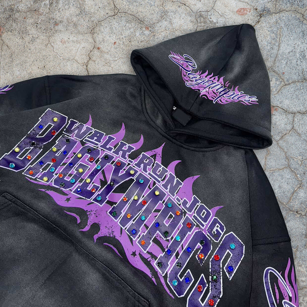 Wholesale 100% cotton oversized streetwear, custom-made bulk long retro printed pullover, rhinestone hoodie manufacturer for winter