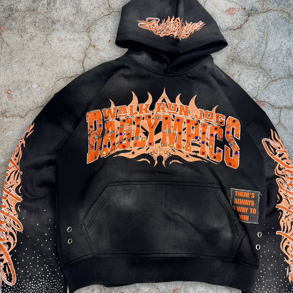 Wholesale 100% cotton oversized streetwear, custom-made bulk long retro printed pullover, rhinestone hoodie manufacturer for winter