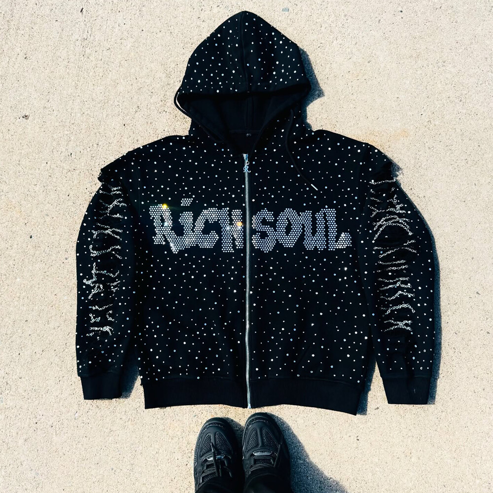 High-quality polyester-cotton fabric custom-made zipper hoodie 400gsm water diamond letter zipper lining loose-fitting men's hoodie sweatshirt