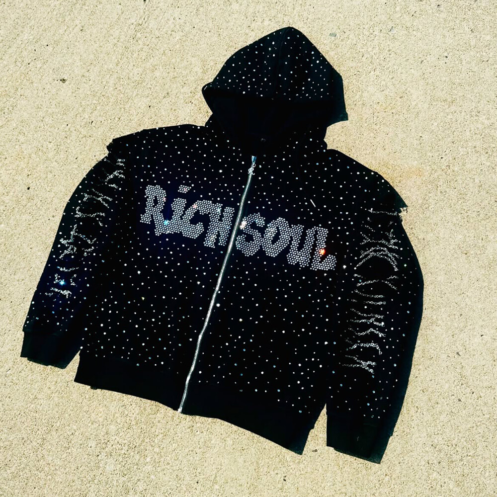 High-quality polyester-cotton fabric custom-made zipper hoodie 400gsm water diamond letter zipper lining loose-fitting men's hoodie sweatshirt