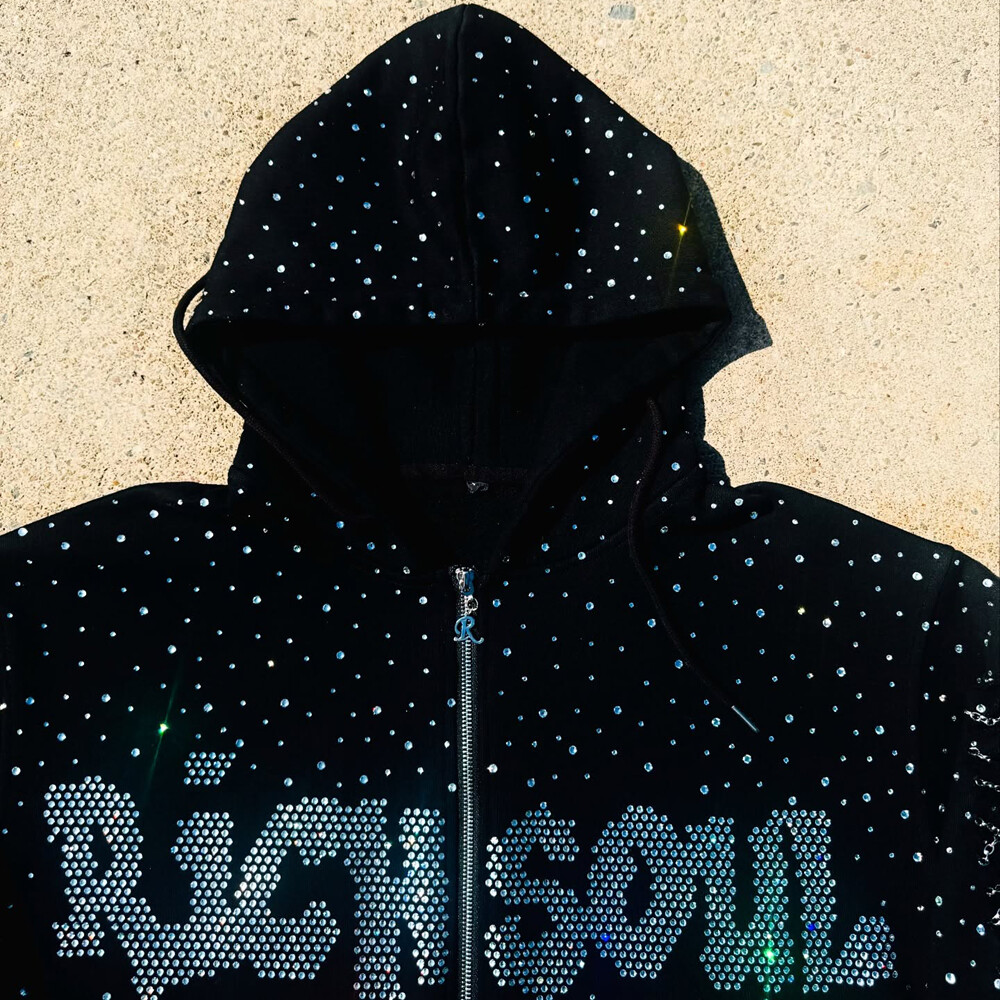 High-quality polyester-cotton fabric custom-made zipper hoodie 400gsm water diamond letter zipper lining loose-fitting men's hoodie sweatshirt