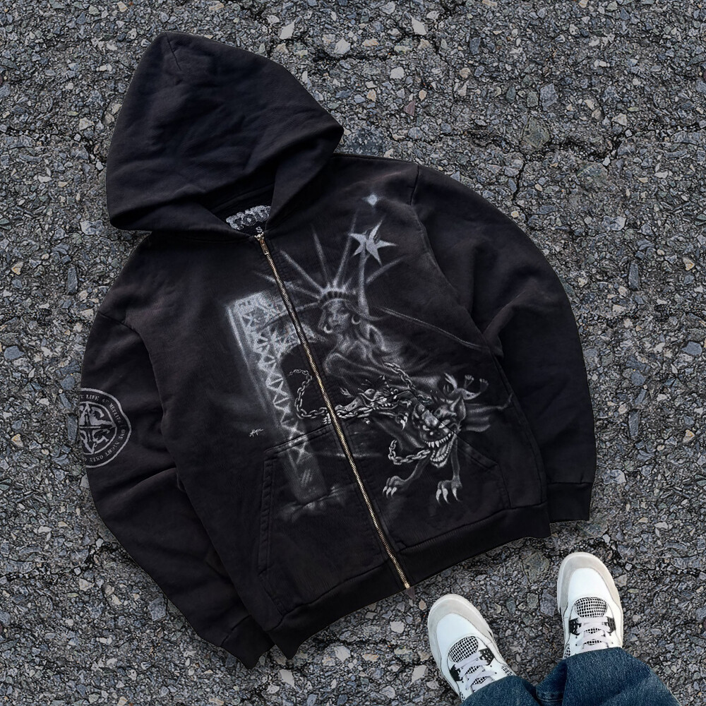 Black gothic retro acid-washed DTG zipper streetwear, loose hoodie, custom-made streetwear manufacturer for winter