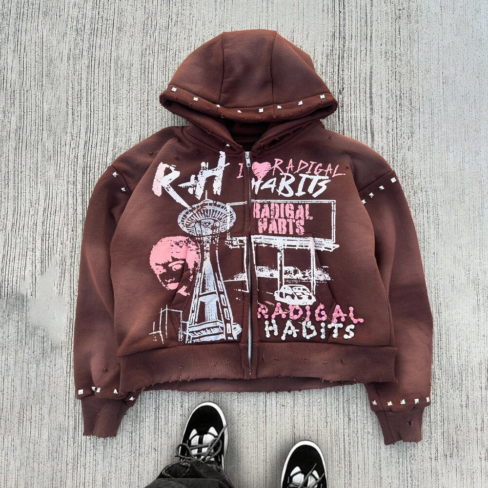 Custom zipper hoodie manufacturer, large-sized men's rhinestone hoodie manufacturer, custom rhinestone pattern sweatshirt wholesale