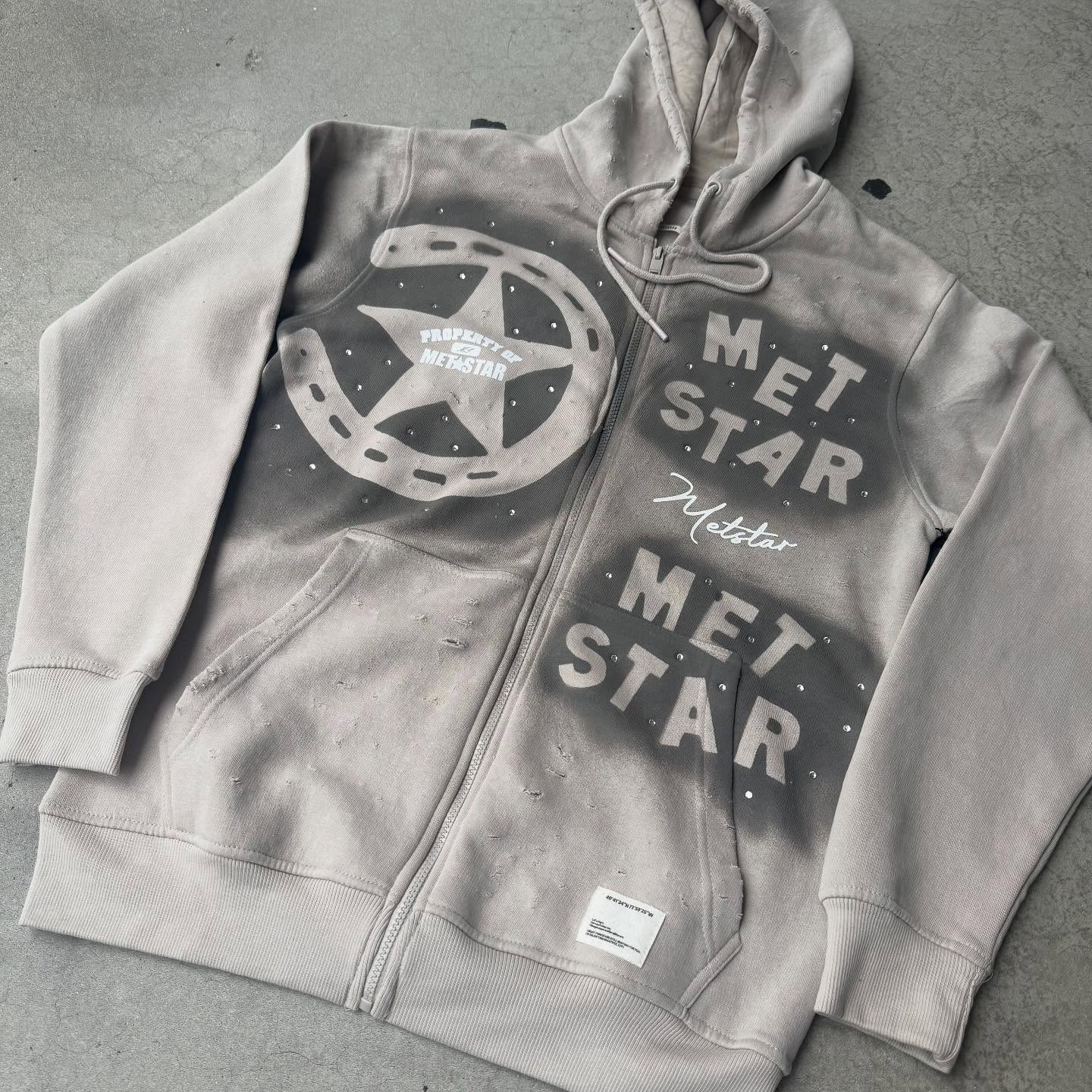 Chao Ling Retro Pocket vintage zipper hoodie Men's polyester custom rhinestone streetwear sweatshirt, autumn extra-large size