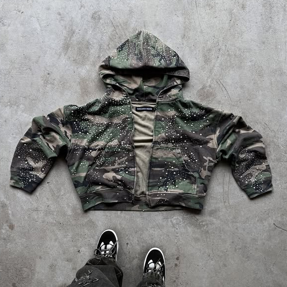 450 Gsm 100% cotton winter custom zippered slimming hoodie, polka dot rhinestone short pocket, heat-enhanced streetwear