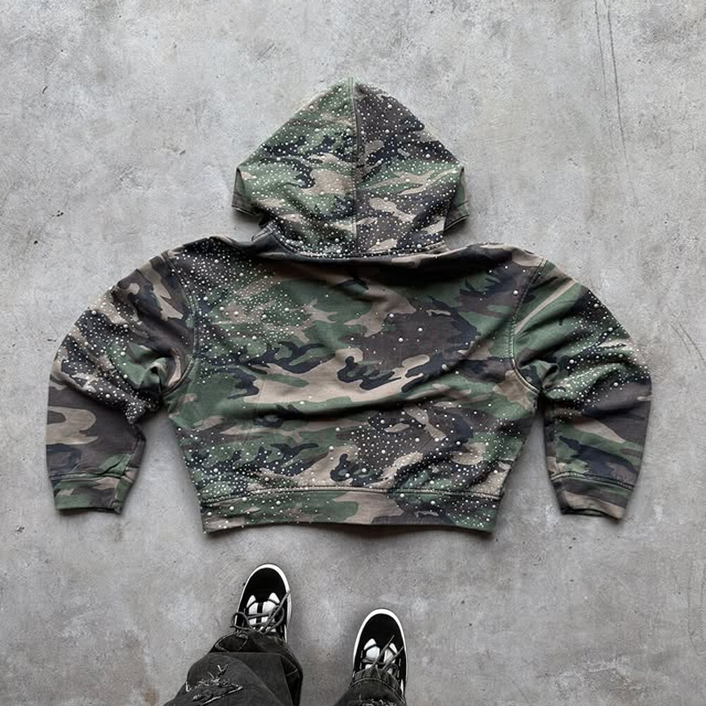 450 Gsm 100% cotton winter custom zippered slimming hoodie, polka dot rhinestone short pocket, heat-enhanced streetwear