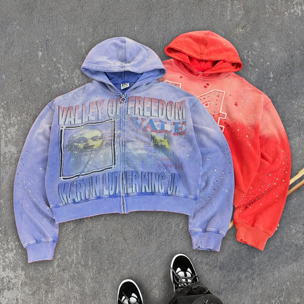 Vintage decal embroidery sweatshirt, extra-large water diamond custom zipper hoodie, unisex cotton winter letter high-quality